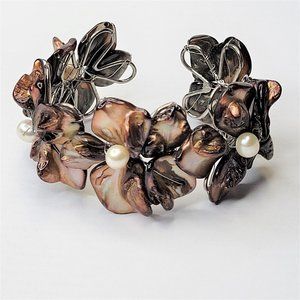Dark Brown Cuff Bracelet with Pearls and Dyed Mother Of Pearl Shell Bangle -NEW
